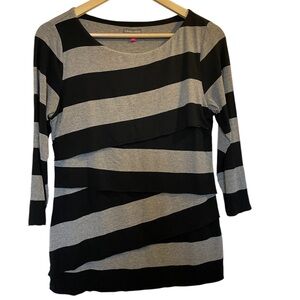 VINCE CAMUTO Gray/Black Stripe Layered Fabric 3/4 Sleeve Blouse Top - Size Large